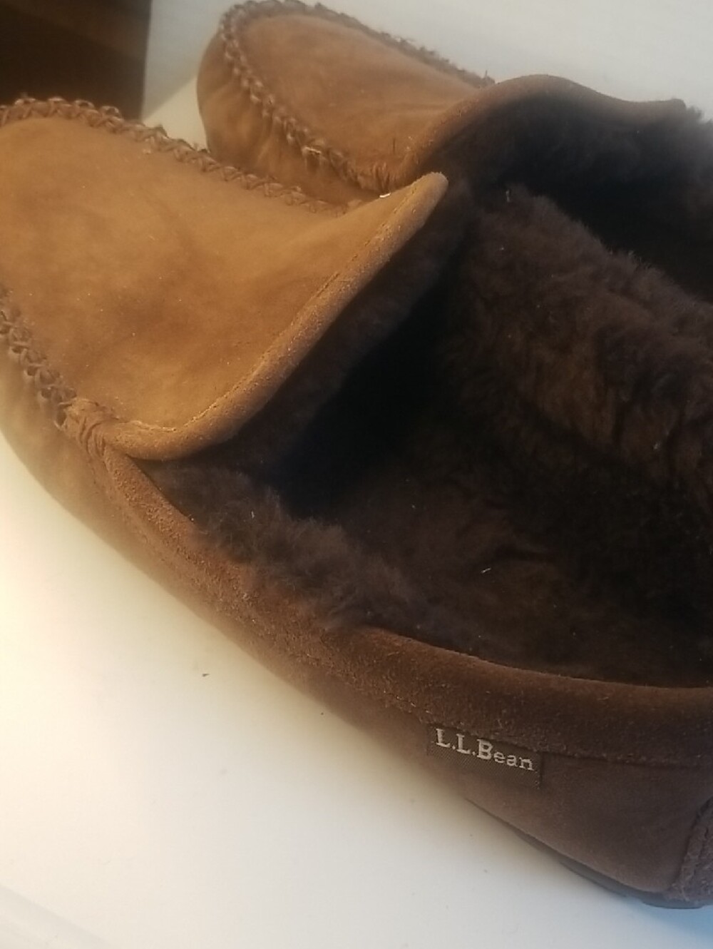 L.L. Bean Men's Brown Suede Moccasin Slippers - Dark Brown Lined Slip-Ons - Picture 2 of 10